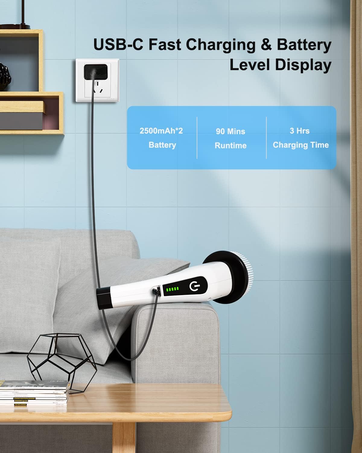 usb-c fast charging with 3-hour full charge delivering 90 minutes runtime