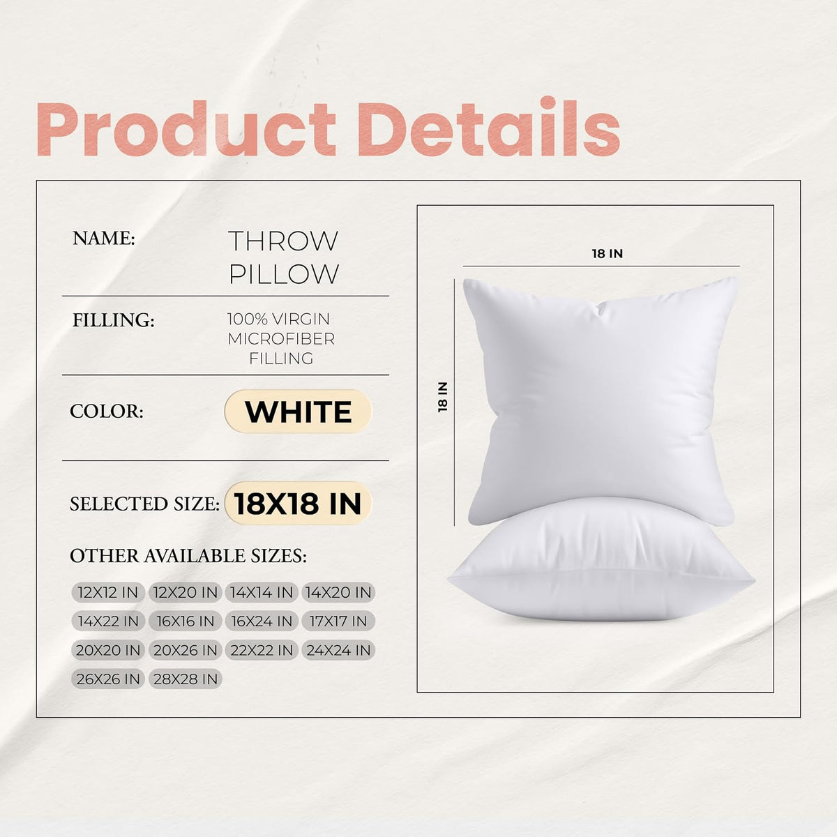 Utopia Bedding 18x18 Sofa Pillow Inserts – Travel-Friendly White Inserts for Camping, RV, and Outdoor Lounges