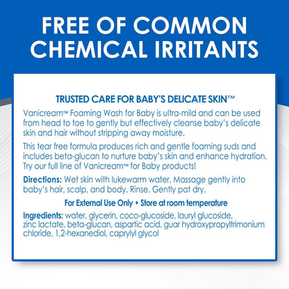 Vanicream Baby Foaming Wash – Hypoallergenic Tear-Free Cleanser Free of Fragrance, Dyes, and Parabens, 8 oz