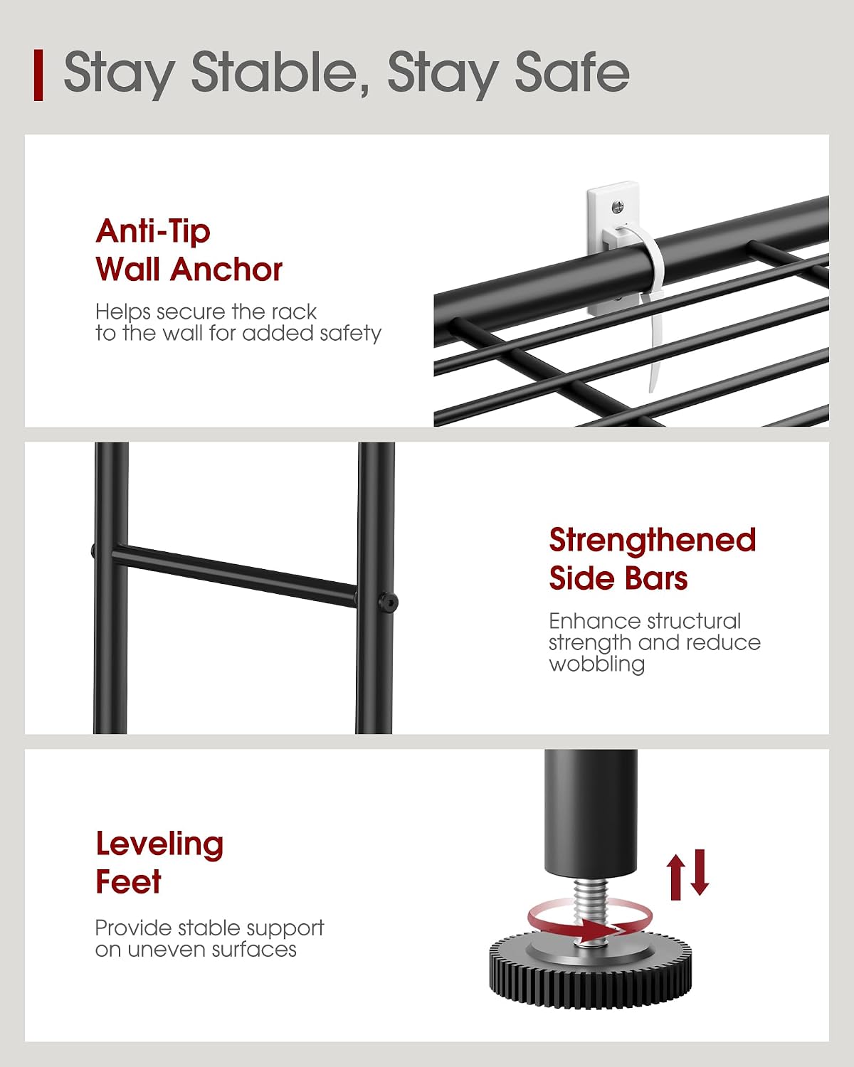 variants in 3-tier through 6-tier heights, 18.4 to 46.3 inch widths, and black, silver, gold, and white finishes