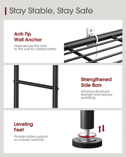 variants in 3-tier through 6-tier heights, 18.4 to 46.3 inch widths, and black, silver, gold, and white finishes