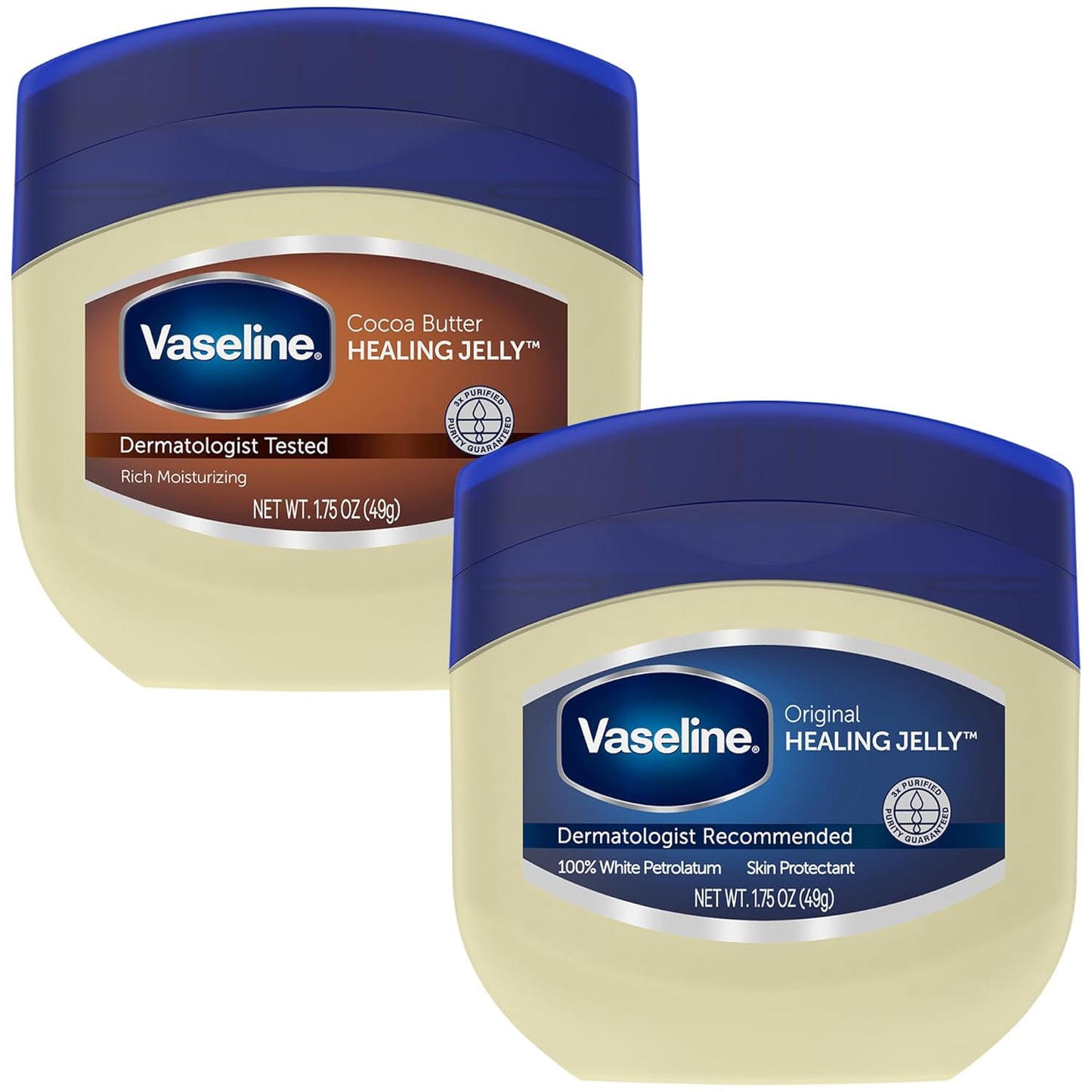 variety 2-pack containing one vaseline original healing jelly jar and one cocoa butter healing jelly jar