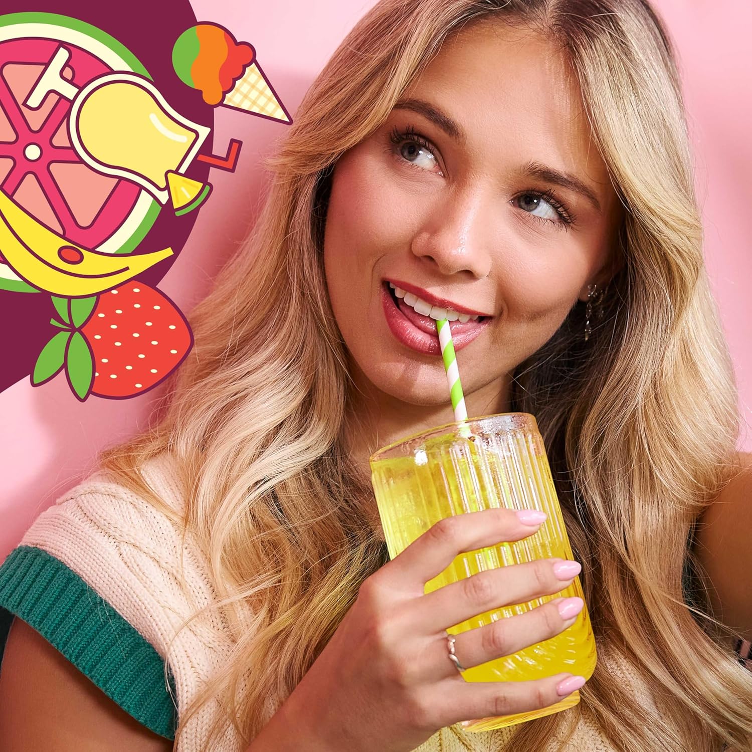 variety pack containing 4 distinct tropical flavors (piña colada, rainbow sherbet, strawberry banana, guava) and available in 3 flavor theme variations (fun, island, soda)