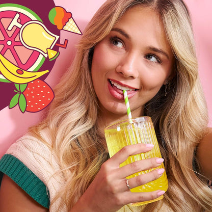 variety pack containing 4 distinct tropical flavors (piña colada, rainbow sherbet, strawberry banana, guava) and available in 3 flavor theme variations (fun, island, soda)