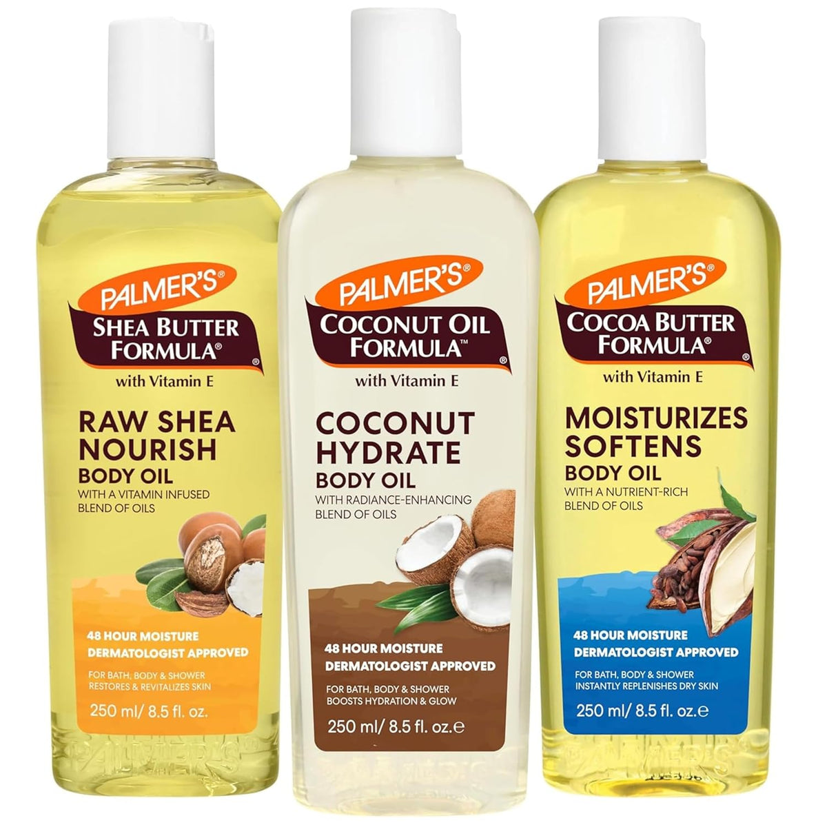 variety pack of three 8.5 oz body oils: cocoa butter, raw shea, and coconut formulas