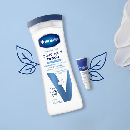 Vaseline Unscented Advanced Repair Lotion + Lip Therapy – Two-Step Fragrance-Free Hydration for Capsule Bathrooms