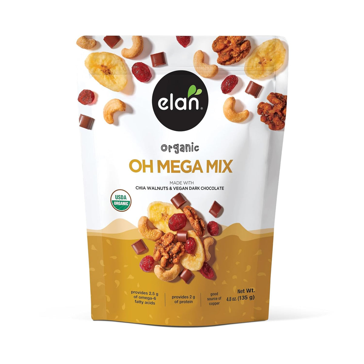 vegan dark chocolate pieces blended with dried cranberries, banana chips, roasted cashews, and chia walnuts