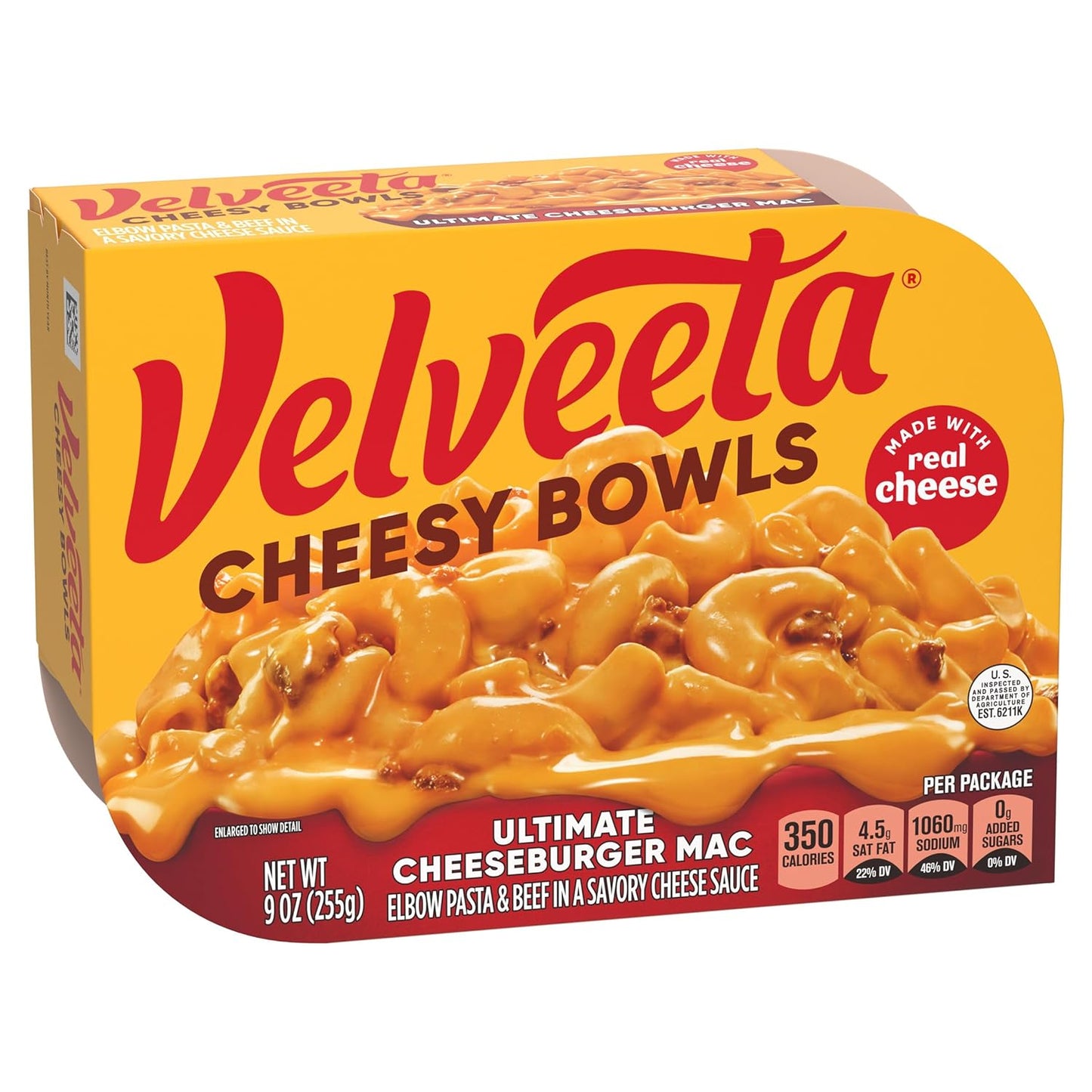 Velveeta Cheesy Bowls Ultimate Cheeseburger Mac – Single-Serve No-Dishes Lunch for Clutter-Free Kitchens, 9 oz Tray
