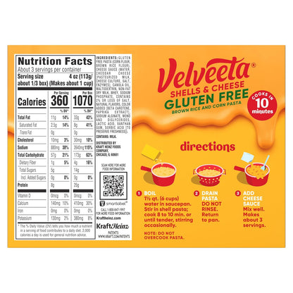 Velveeta Gluten Free Shells & Cheese, Fast Office Lunch for Gluten Restricted Professionals, 12 oz Box