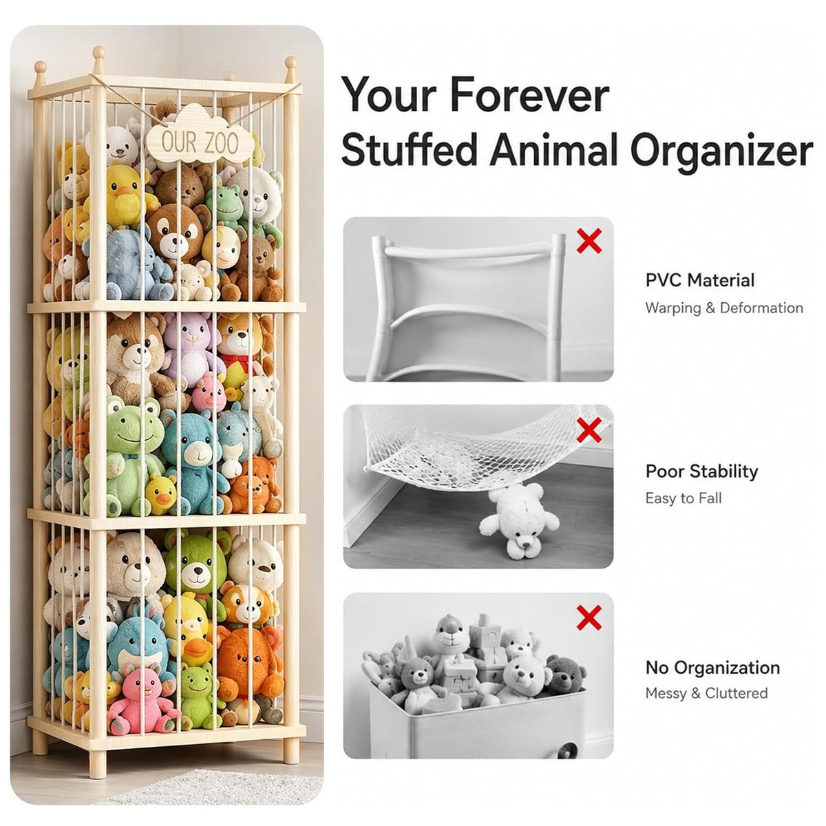 Vertical Stuffed Animal Organizer – Open-Air Plush Display for Cozy Bedroom Reading Corners and Decor