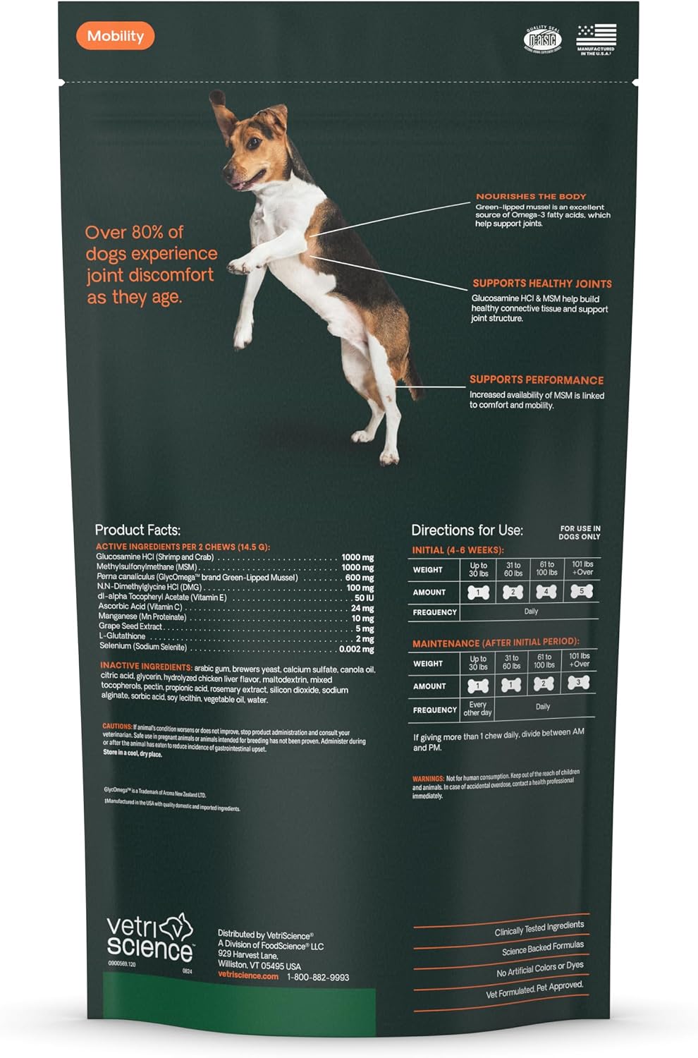 VetriScience Extra Strength Healthy Hip & Joint Chews – Travel-Friendly Joint Support for Working & Sporting Dogs