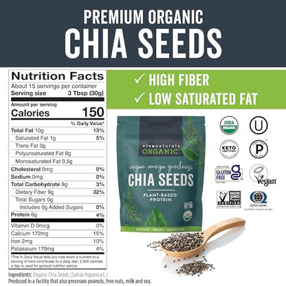 Viva Naturals Organic Chia Seeds 1 lb – Plant-Based Omega-3 for Mindful Smoothie Rituals and Calm Morning Nutrition