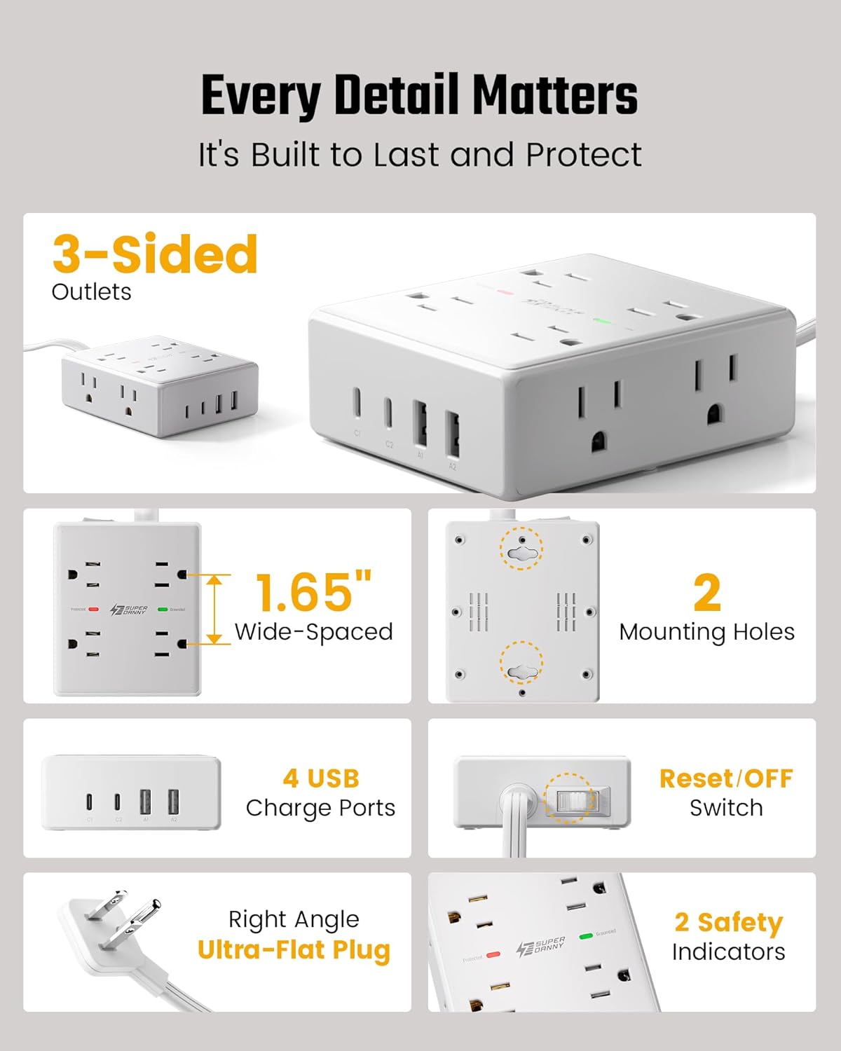 VoltaHub Desktop Hub – Father’s Day Gift for the Gadget Dad, Wall-Mountable Power Tower with Flat Plug