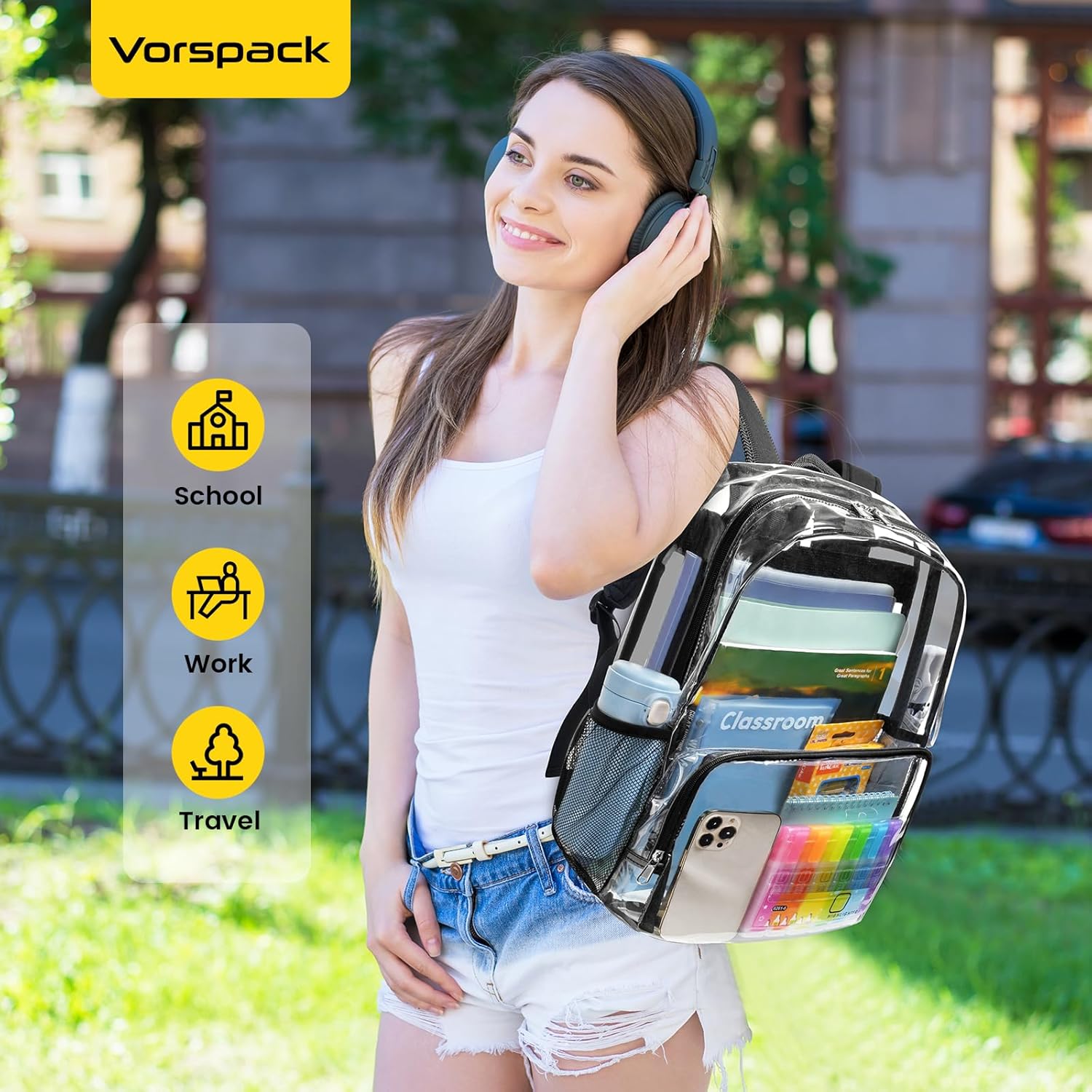 Vorspack Clear Backpack – Music Festival Tote with Mesh Bottle Pockets, Water-Resistant PVC