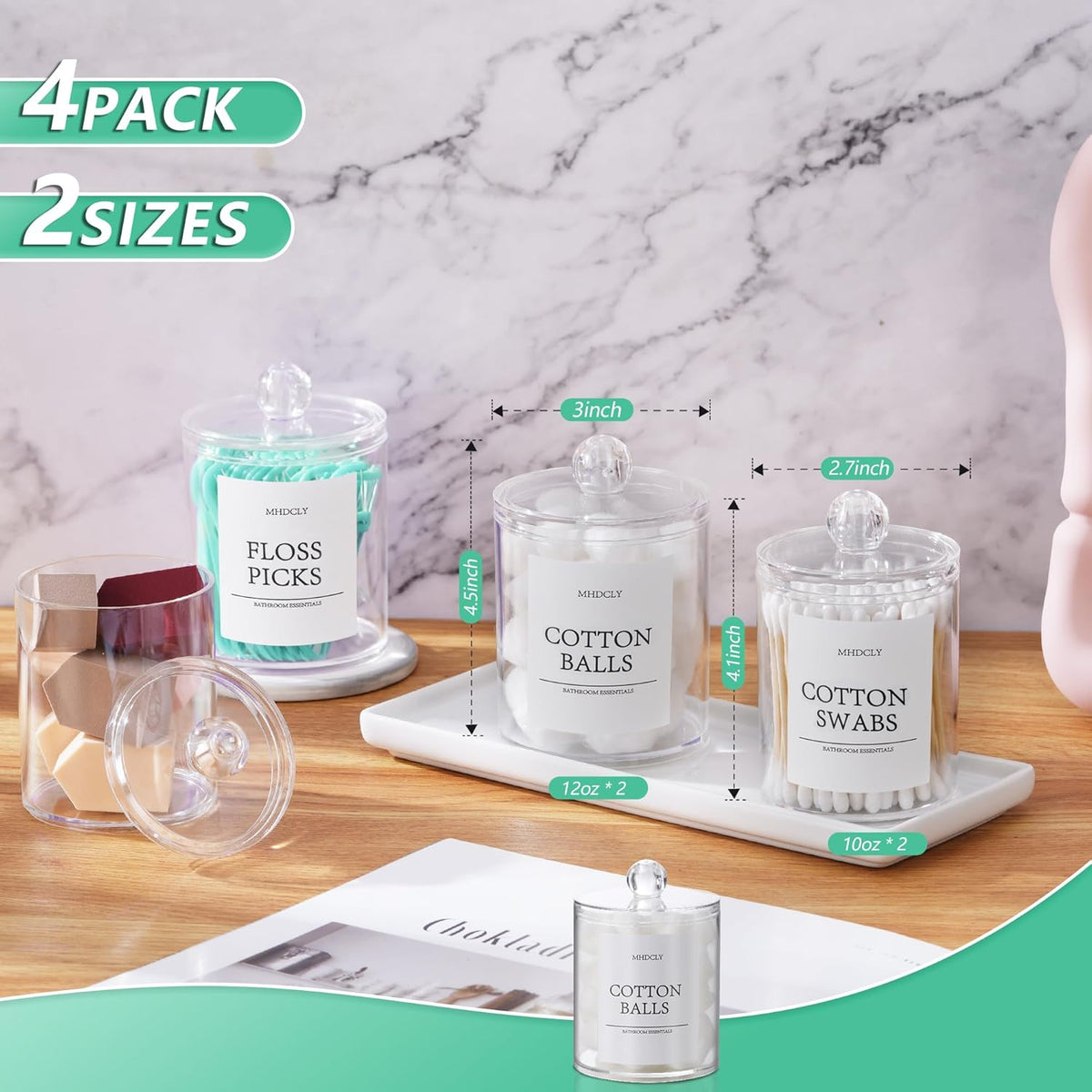 Vtopia Cotton Swab Holder Set – Hostess Gift for Women, Decorative Bathroom Canisters with Pre-Printed Labels, 4-Pack