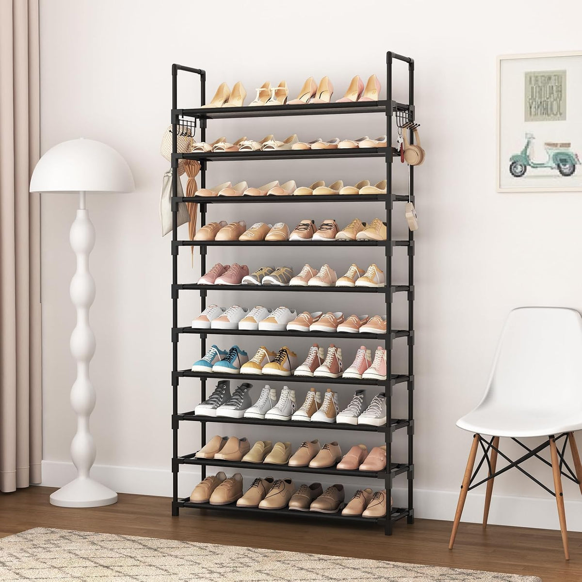 VTRIN Wide 10 Tier Shoe Rack with Handrails Safe Tall Organizer for Childrens Room and Hallway