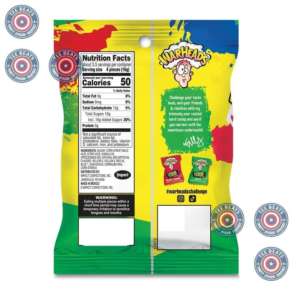 WARHEADS Extreme Sour Hard Candy - Kids Lunchbox Sour Candy Assortment - 3 Pack of 2 oz Bags