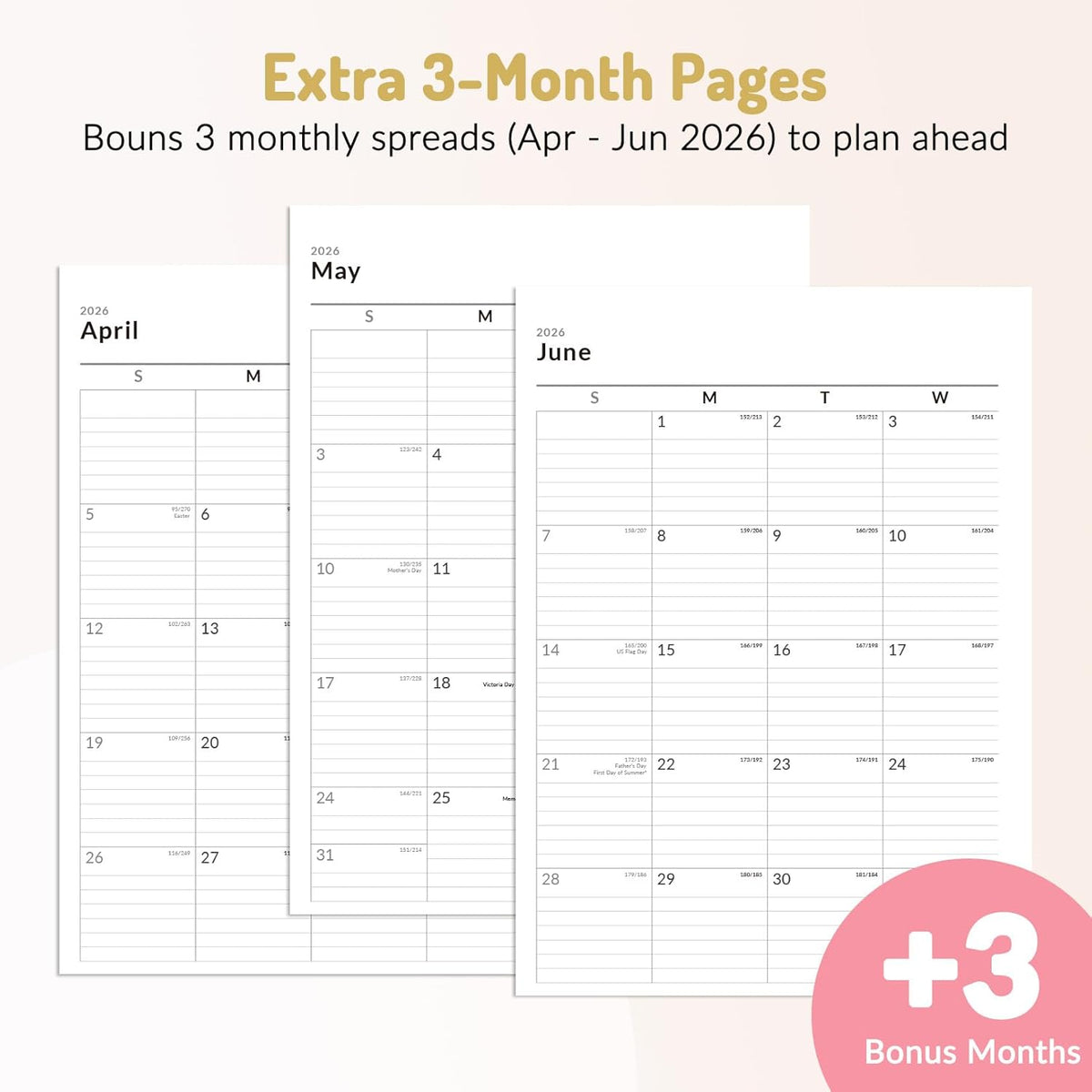 weekly two-page spreads with generous lined writing space plus monthly spreads with large date boxes