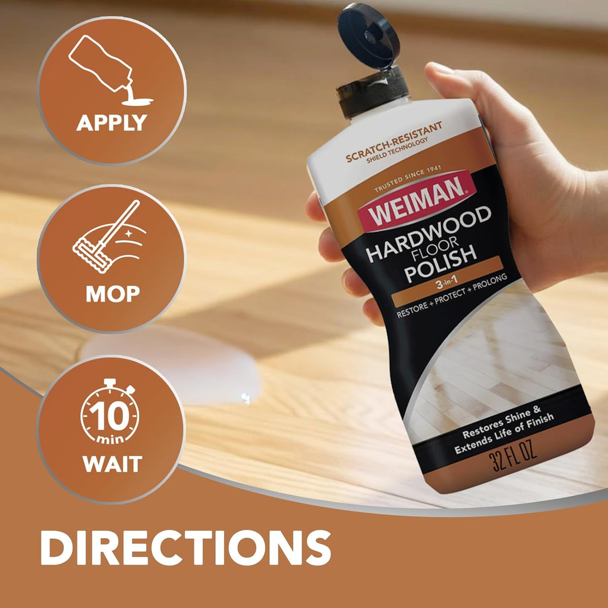 Weiman Hardwood Floor Polish and Restorer 32 Oz 3PC - Child and Pet Safe Wood Floor Formula, Worry-Free Floor Maintenance