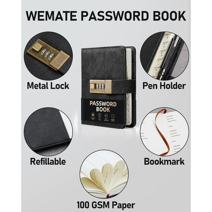 WEMATE Combination Lock Password Book – Quick Access to Website and Email Credentials, 208 Pages of Structured Storage