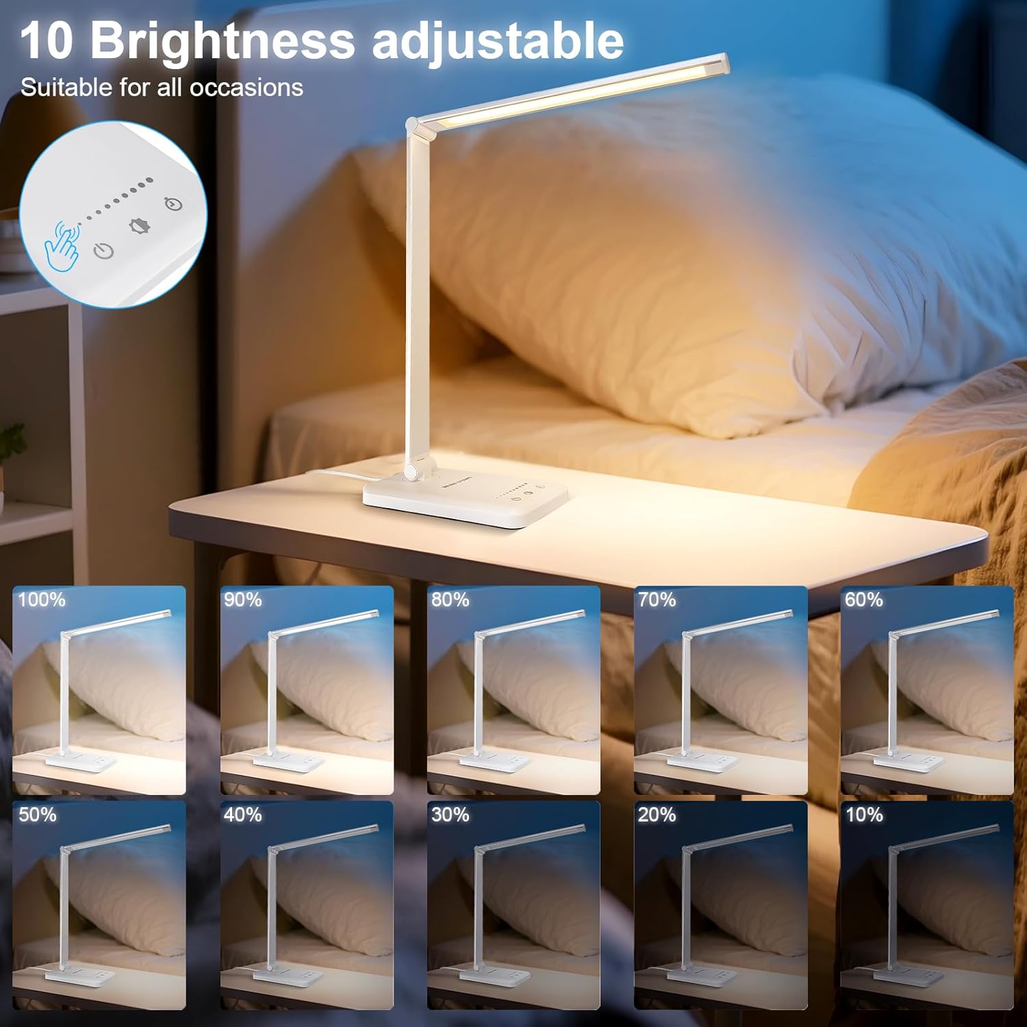 White crown LED Desk Lamp with 5 Lighting Modes – Stylish Bedroom Decor Piece for Cozy Corners