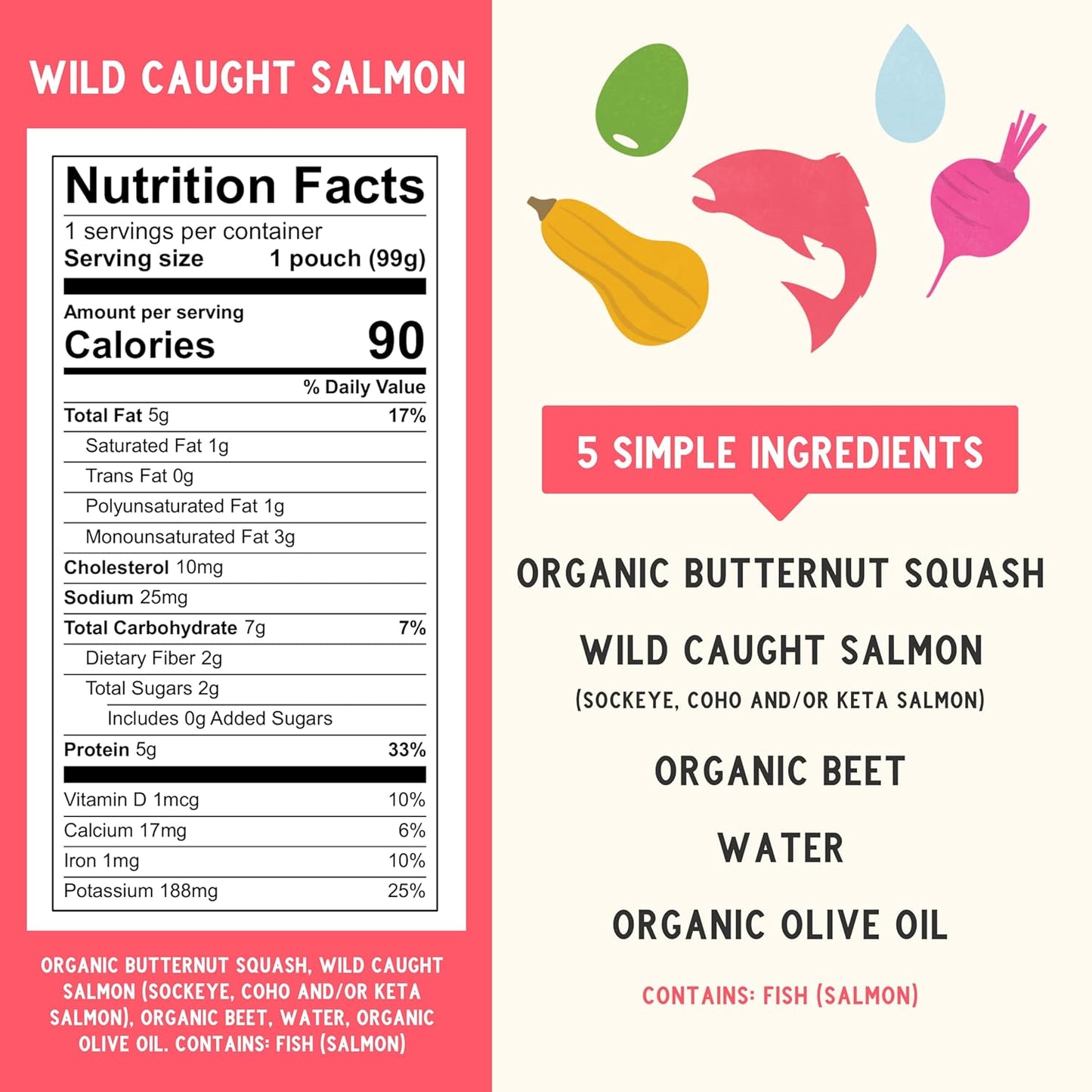 wild caught salmon as primary protein source with organic butternut squash and beets