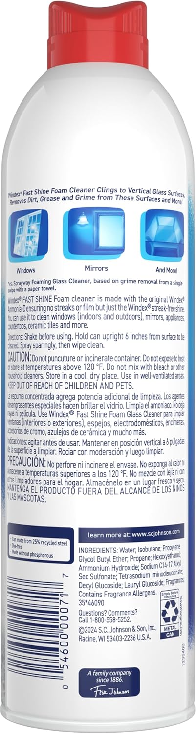 Windex Fast Shine Foam Glass Cleaner – Child-Safe Storage with Twist-Lock Cap for Busy Family Homes