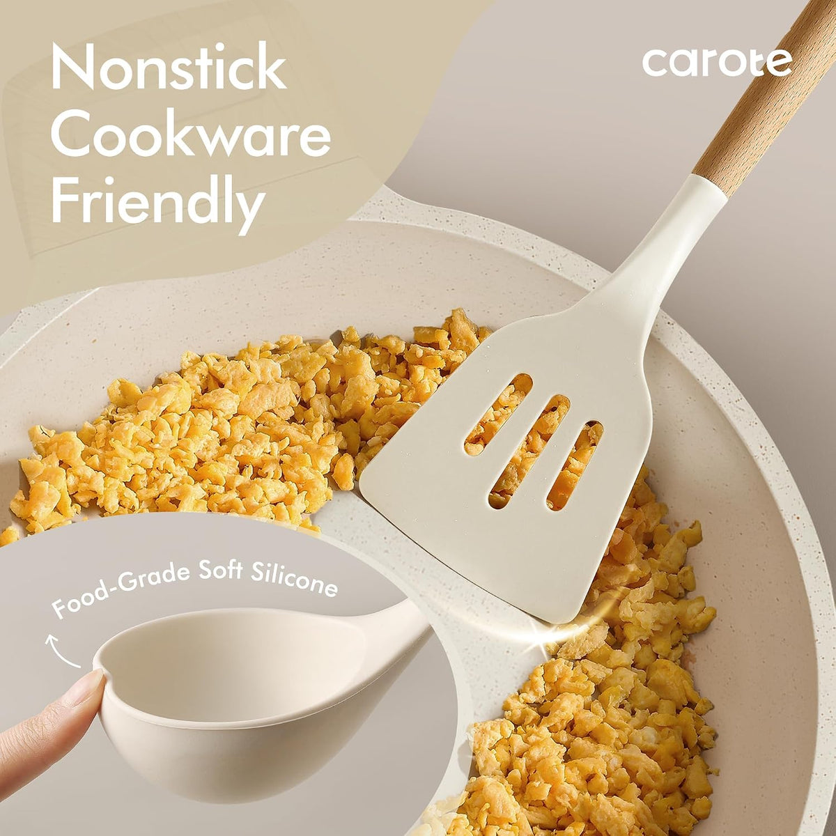 wood cool-touch handles designed to stay cool during cooking
