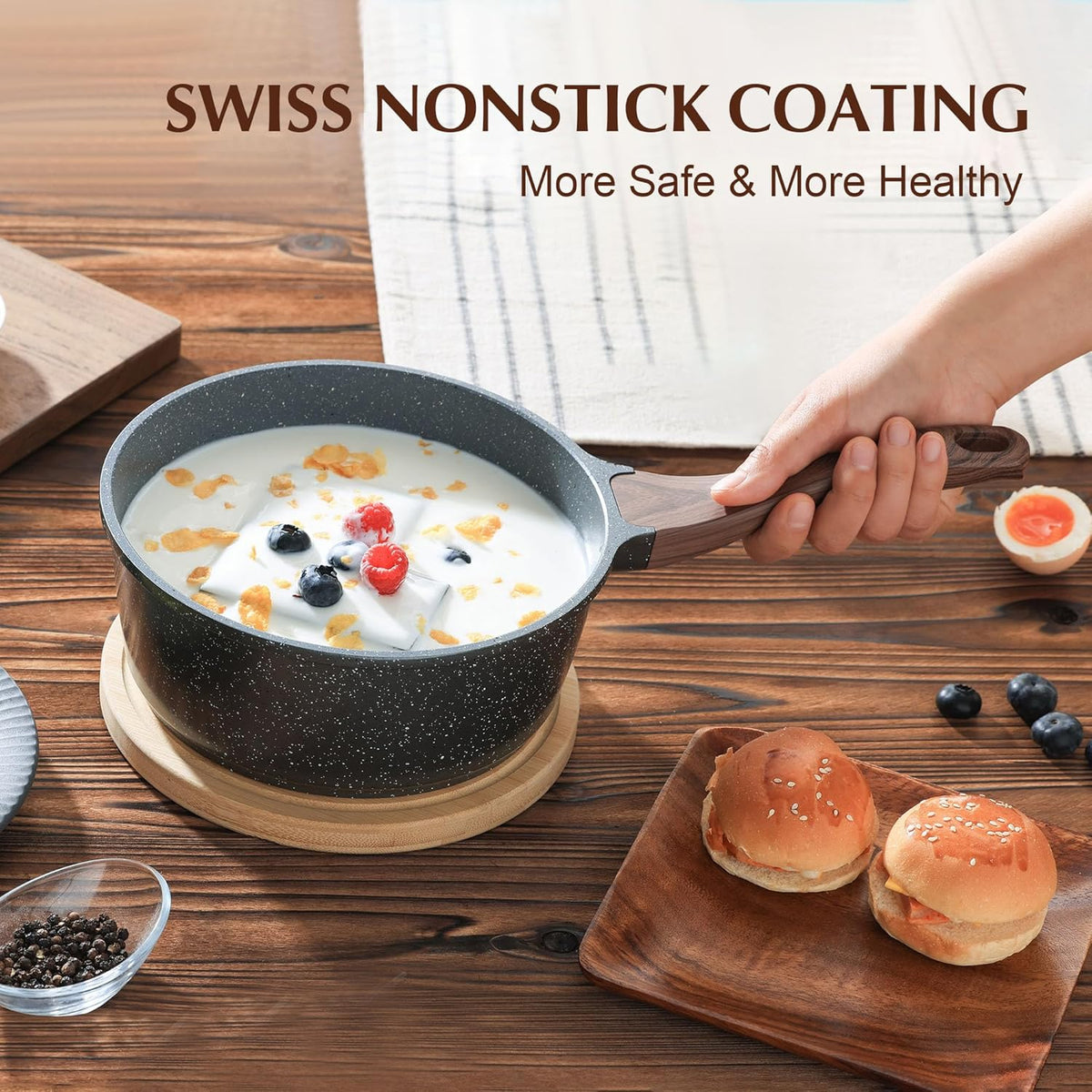 woodgrain-patterned bakelite stay-cool handle, oven safe to 302°f