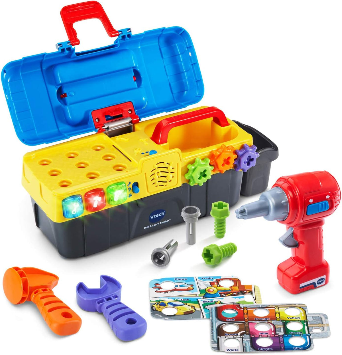 working toy drill that spins gears and drives screws into the electronic tray
