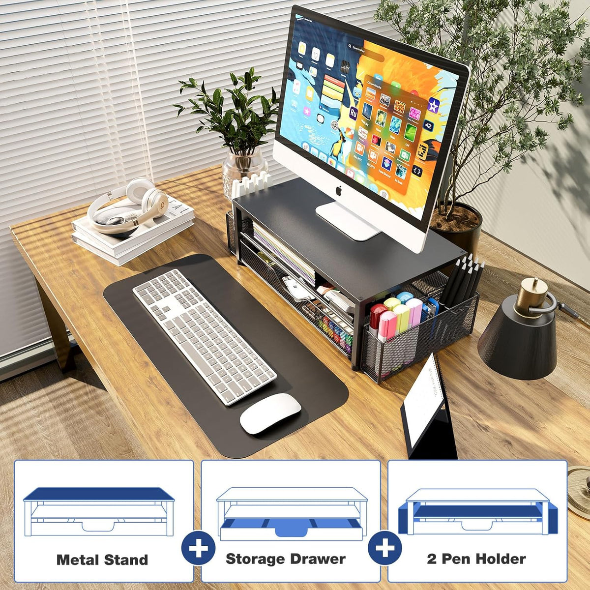 WorkLouder 2-Tier Monitor Riser – Minimalist Desk Organizer in Matte Black with Hidden Drawer