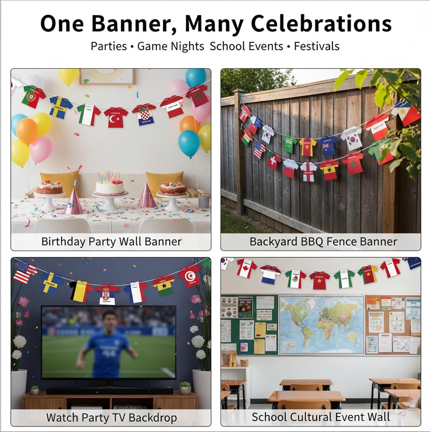 WorldDecor Bedroom Wall Decor 2026 World Cup Country Flag Banner Reusable Cardstock Bunting for Festive Living Spaces