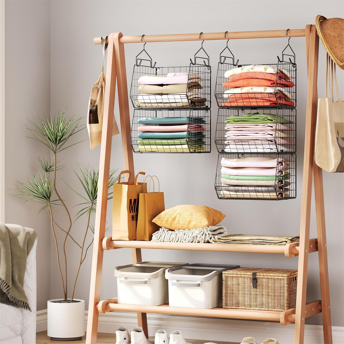 X-cosrack 5 Tier Hanging Closet Organizer – Sleek Open Wire Storage for Capsule Wardrobes, Neutral Finish