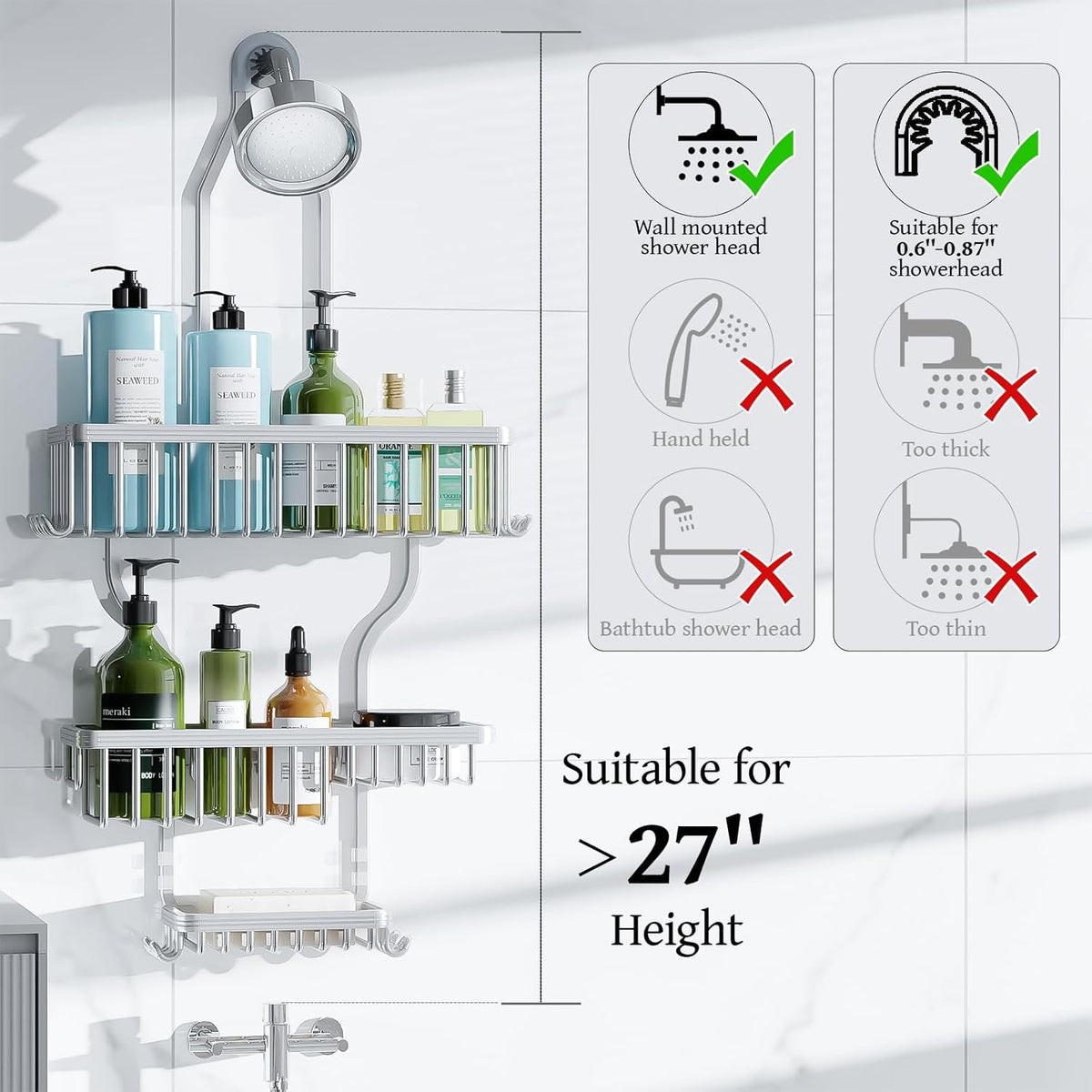 YASONIC Shower Caddy Hanging Over Shower Head – Holiday Gift for Mom, 3-Tier Aluminum Organizer in Silver with Soap Holder