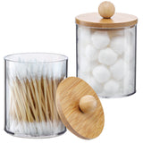 Apothecary Jars 4 Pack with Bamboo Tops – Organized Bathroom Counter System, Snap Closure Cotton Pad and Floss Pick Dispenser for Efficient Get-Ready