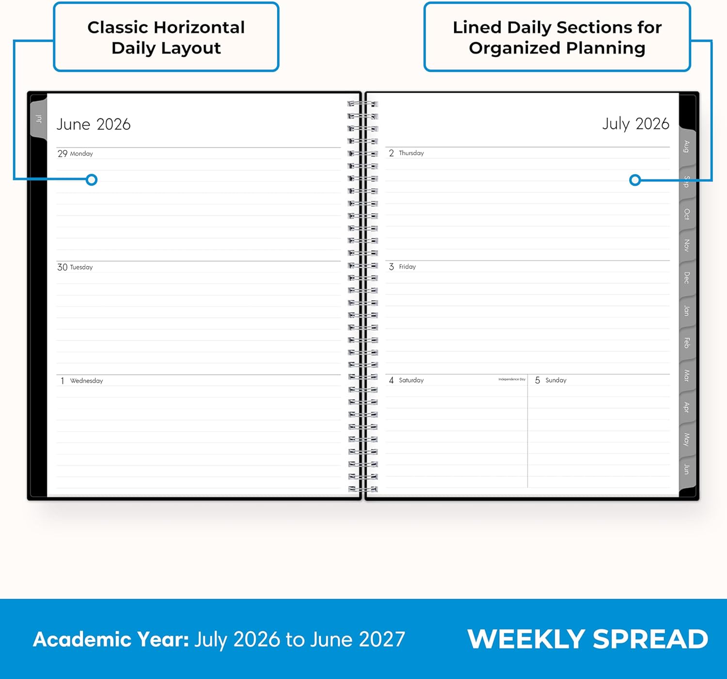 yearly overview with holiday list, reference calendars, contacts pages, and extra notes pages