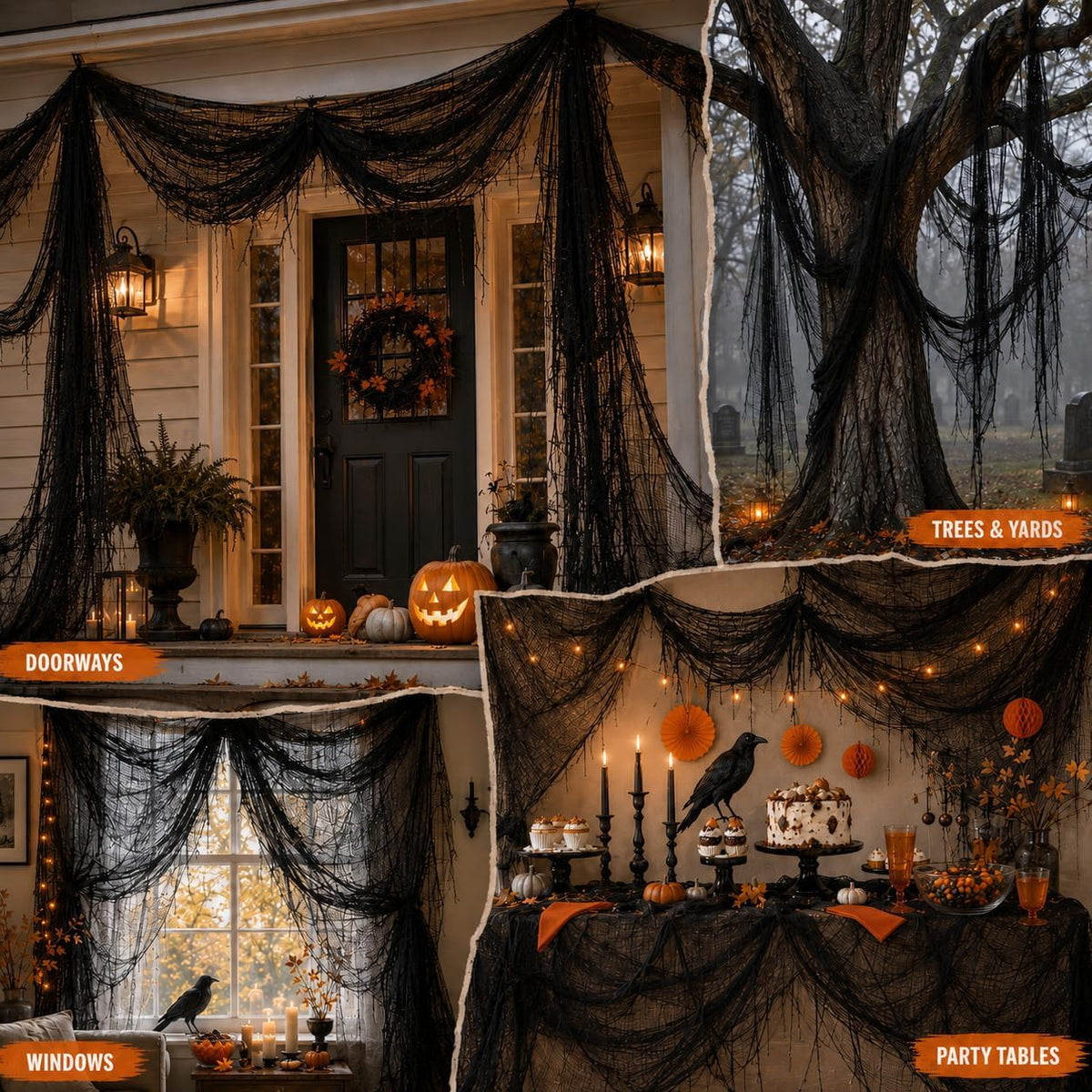 Yobbai Family-Friendly Creepy Cloth Halloween Decor – Flame-Free Black Gauze for Nursery Doorways, Entryways, and Kid Parties