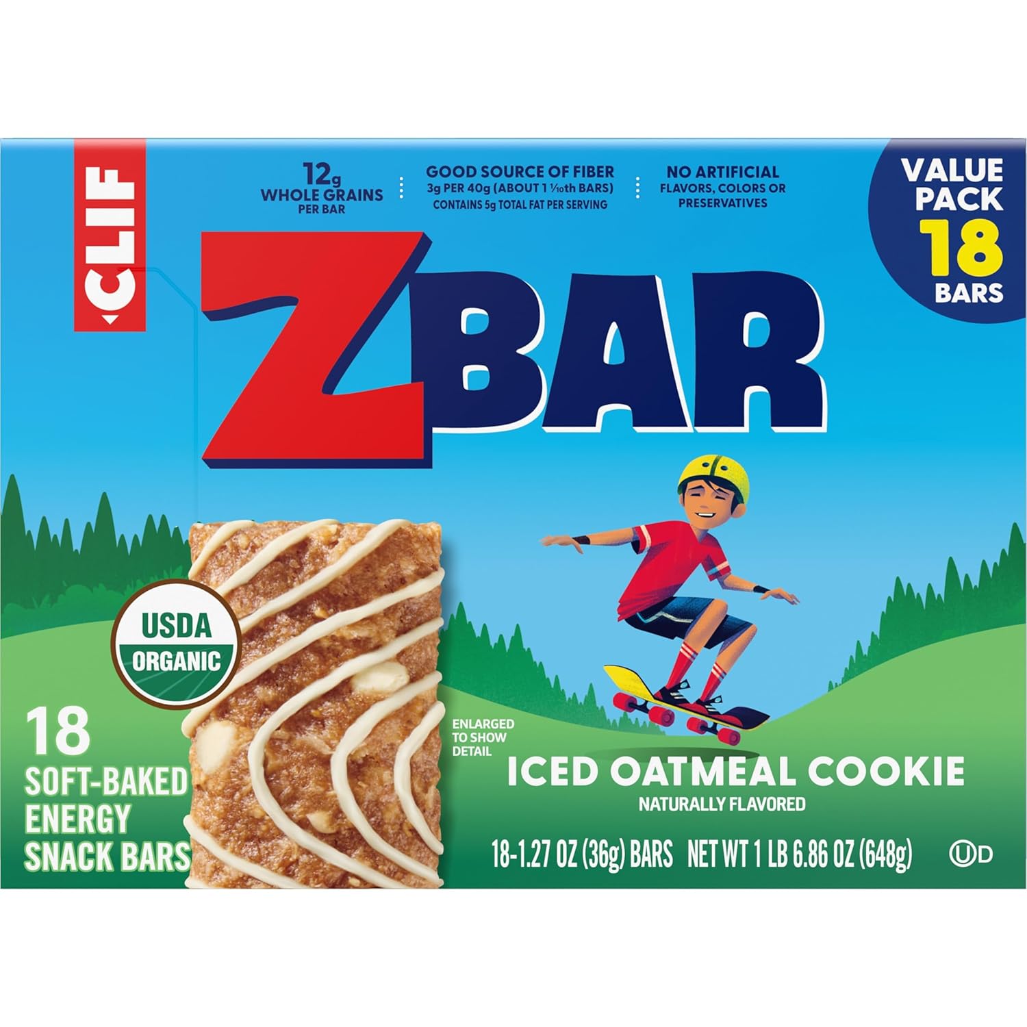 Zbar Iced Oatmeal Cookie – Lunchbox Snack Bars for Picky Eaters, Non-GMO Organic Kids Snacks Chewy Like an Oatmeal Cookie (18 Pack)