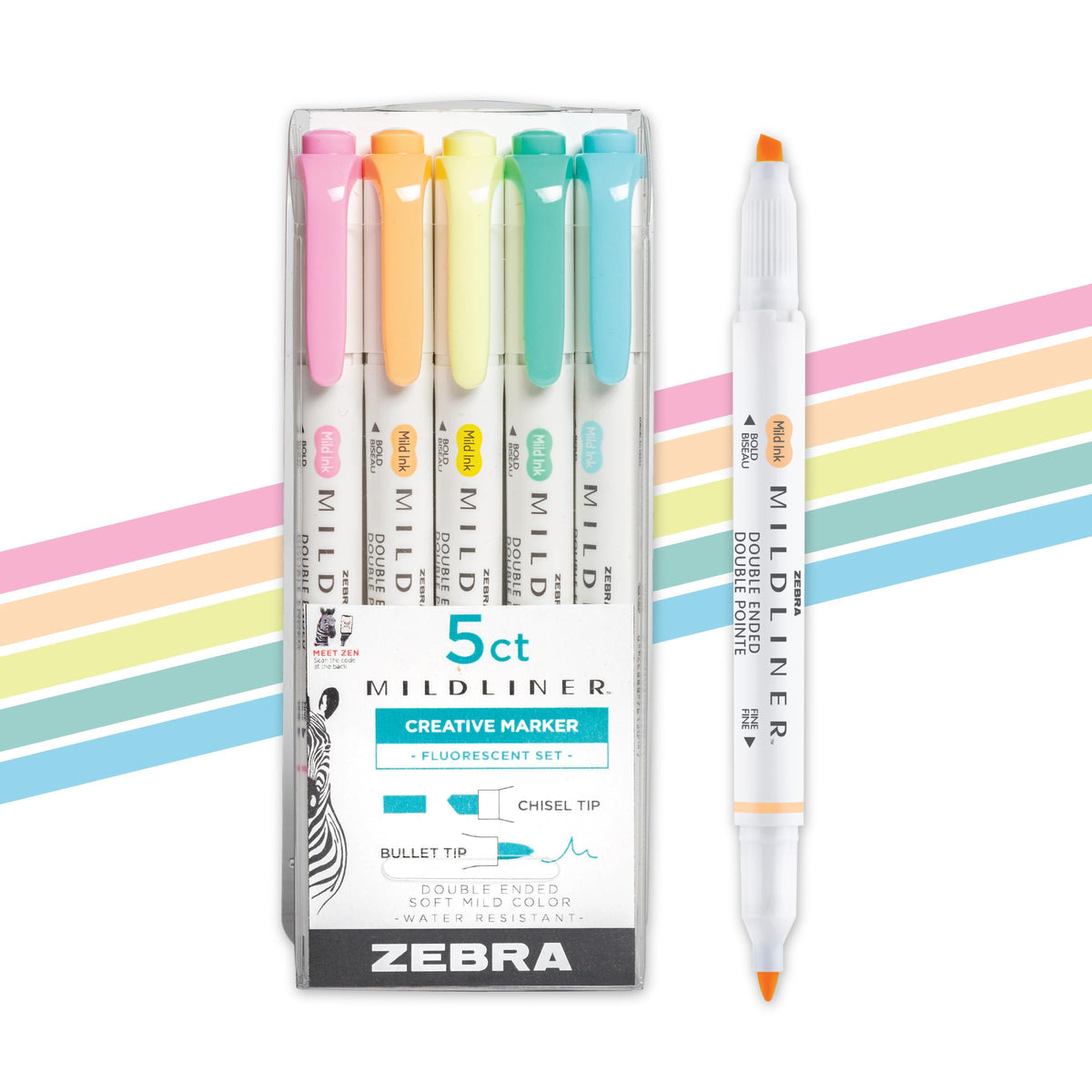 Zebra Pen Mildliner Dual-Tip Highlighter Marker Set, Broad and Fine Point Tips, No Bleed, Ideal for Bible Highlighting, Journaling and Note-Taking, Assorted Fluorescent Ink Colors, 5-Pack (78105)