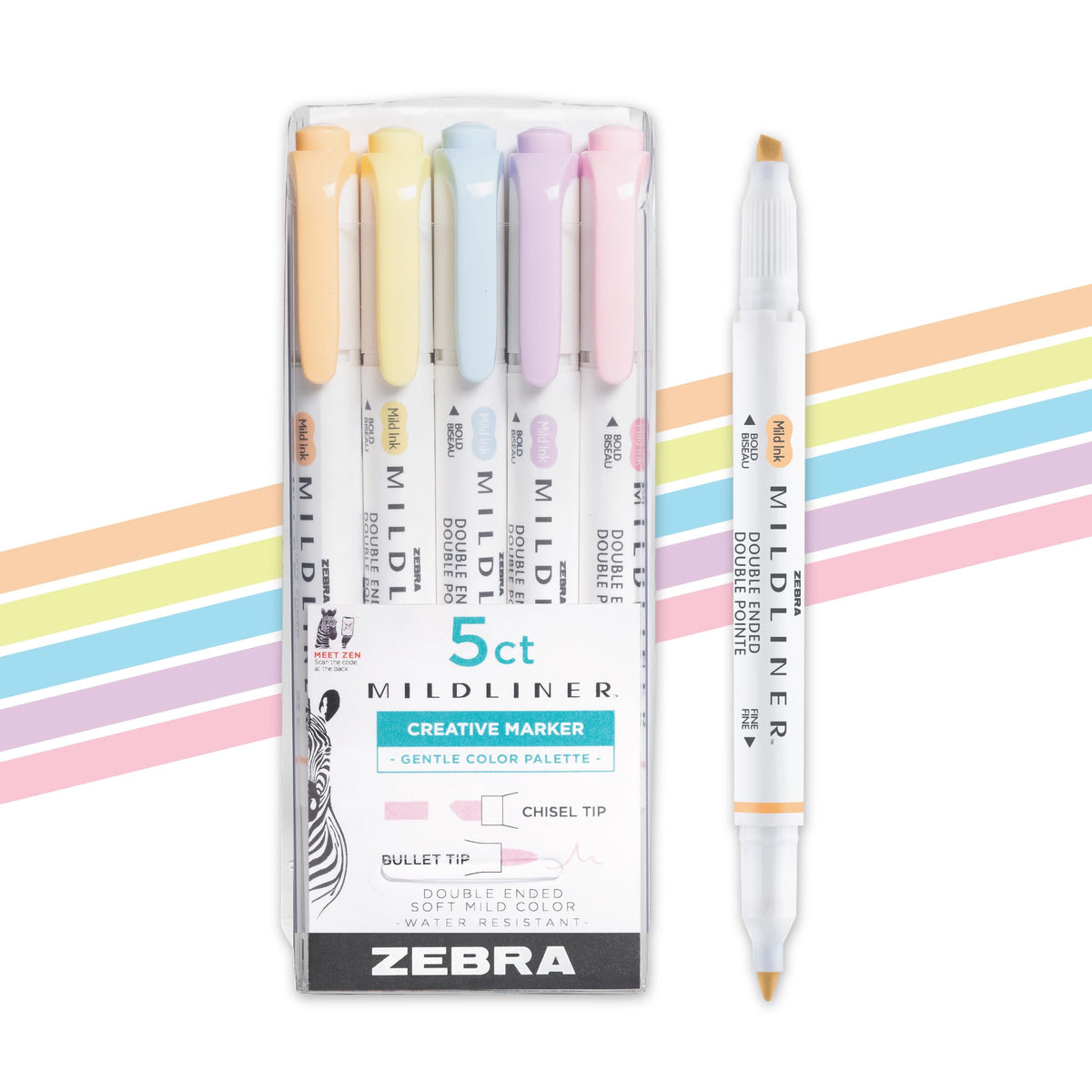 Zebra Pen Mildliner Dual-Tip Highlighter Set, Broad and Fine Point Tips, No Bleed, Ideal for Bible Highlighting, Journaling, School and Office Supplies, Assorted Gentle Ink Colors, 5-Pack (78705)