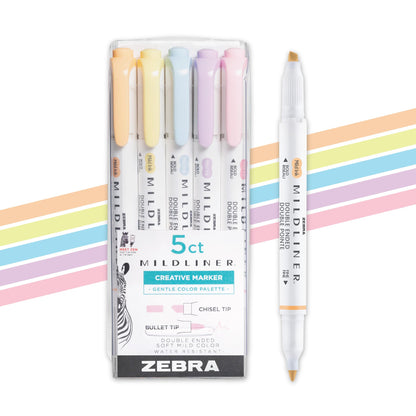 Zebra Pen Mildliner Dual-Tip Highlighter Set, Broad and Fine Point Tips, No Bleed, Ideal for Bible Highlighting, Journaling, School and Office Supplies, Assorted Gentle Ink Colors, 5-Pack (78705)