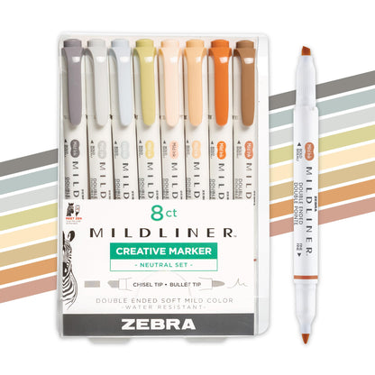 Zebra Pen Mildliner Dual-Tip Highlighter Set, Broad and Fine Tips, No Bleed, Ideal for Bible Highlighting, Journaling, School and Office Supplies, Assorted Neutral Vintage Ink Colors, 8-Pack (78208)