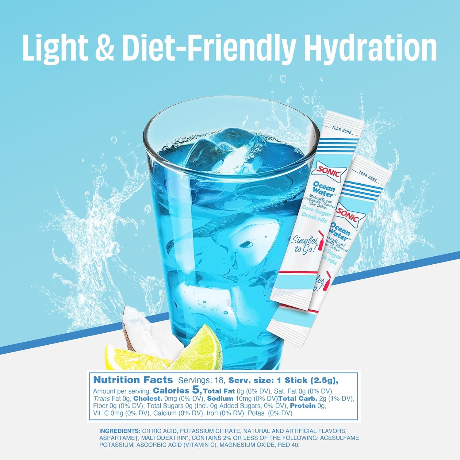 zero sugar, zero calories, caffeine-free formula sweetened with aspartame and acesulfame potassium
