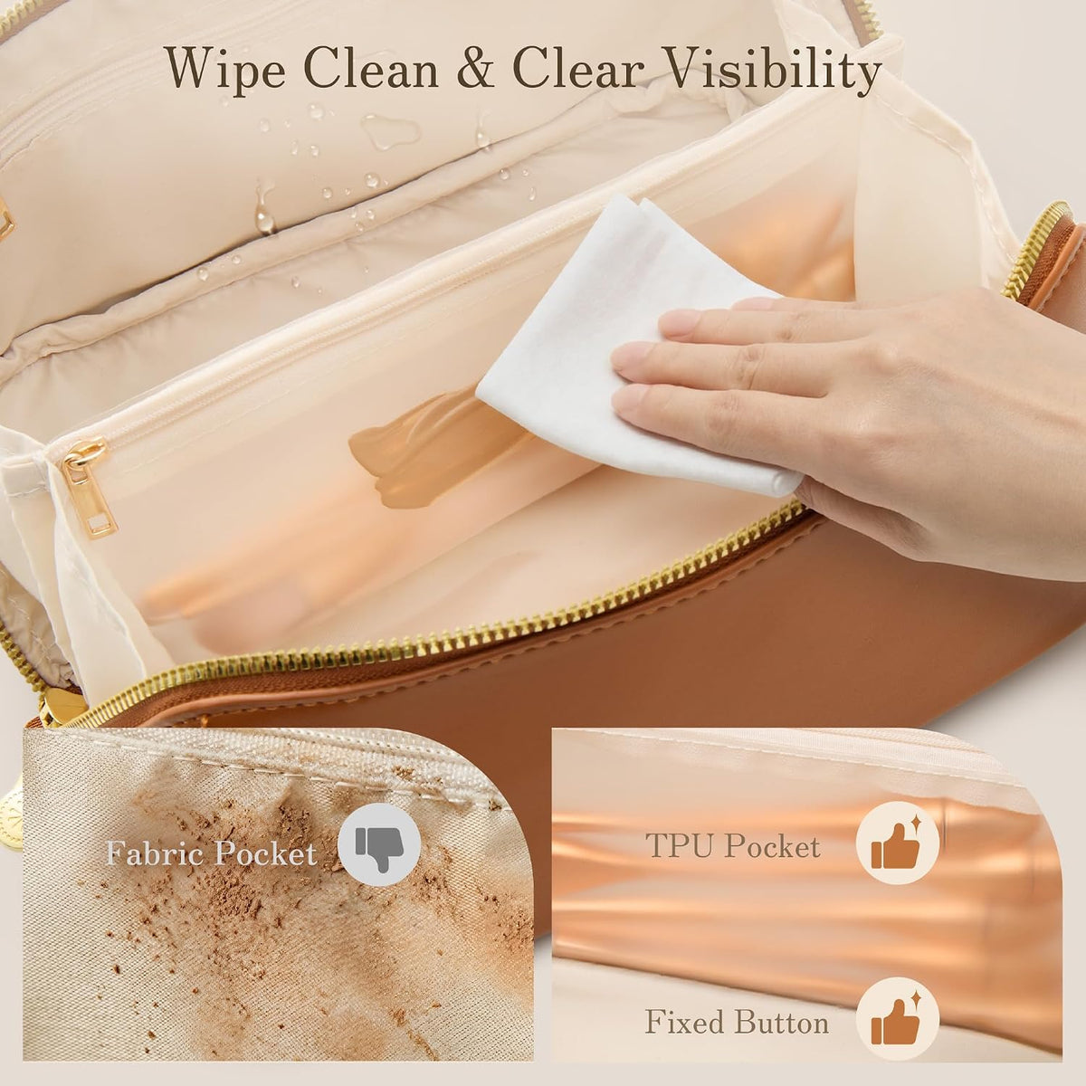 zipper closure with travel-friendly dimensions (9.5 × 4.5 × 4.7 inches)