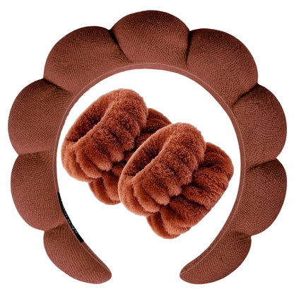 Zkptops Spa Headband for Washing Face Wristband Set Sponge Makeup Skincare Terry Cloth Bubble Soft Get Ready Hairband for Women Girl Puffy Padded Headwear Non Slip Thick Hair Accessory(Dark Brown)