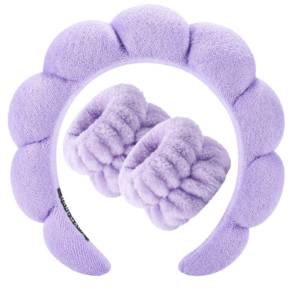 Zkptops Spa Headband for Washing Face Wristband Set Sponge Makeup Skincare Headband Terry Cloth Bubble Soft Get Ready Hairband Women Girl Puffy Padded Headwear Non Slip Thick Hair Accessory(Purple)