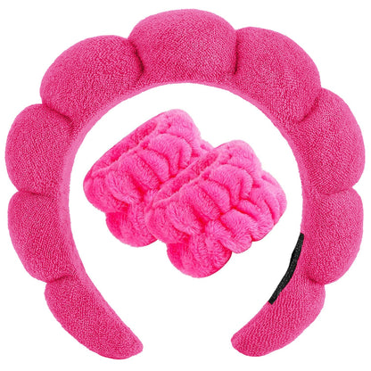 Zkptops Spa Headband for Women Sponge Makeup Skincare Headband Washing Face Wristband Set Terry Cloth Bubble Soft Get Ready Hairband Puffy Padded Headwear Non Slip Thick Hair Accessory(Hot Pink-2)