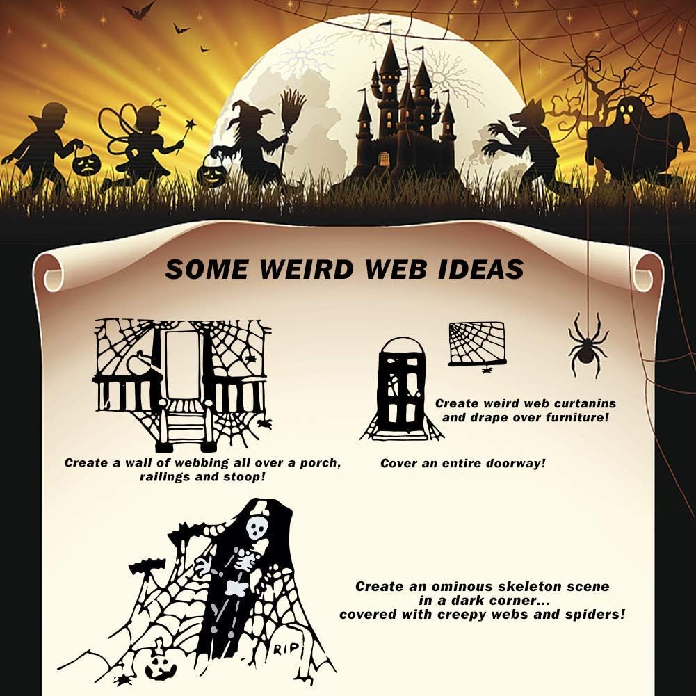 ZPISF Halloween Spider Web Decor – 420g Super Stretchy Hand-Knotted Webbing with 150 Spiders for Front Porch and Entryway Style