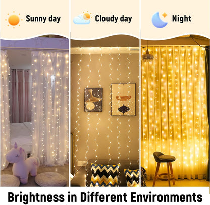 ZSJWL 300 LED Curtain Fairy Lights with Remote, 9.8 × 9.8 Ft Dimmable 8 Hour Timer Warm White Lights for Bedroom Wind Down Ritual and Sleep Routine